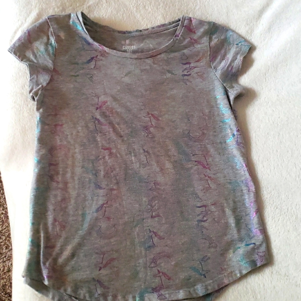 Short sleeve child's shirt by SO, size 16, gray,multicolored iridescent unicorns